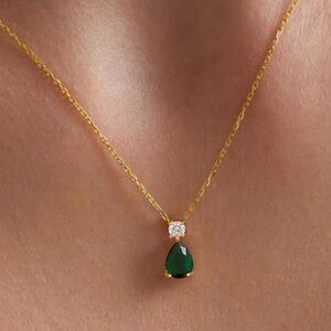 Gold Necklace with Green Teardrop Pendant • Elegant Dainty Jewelry
